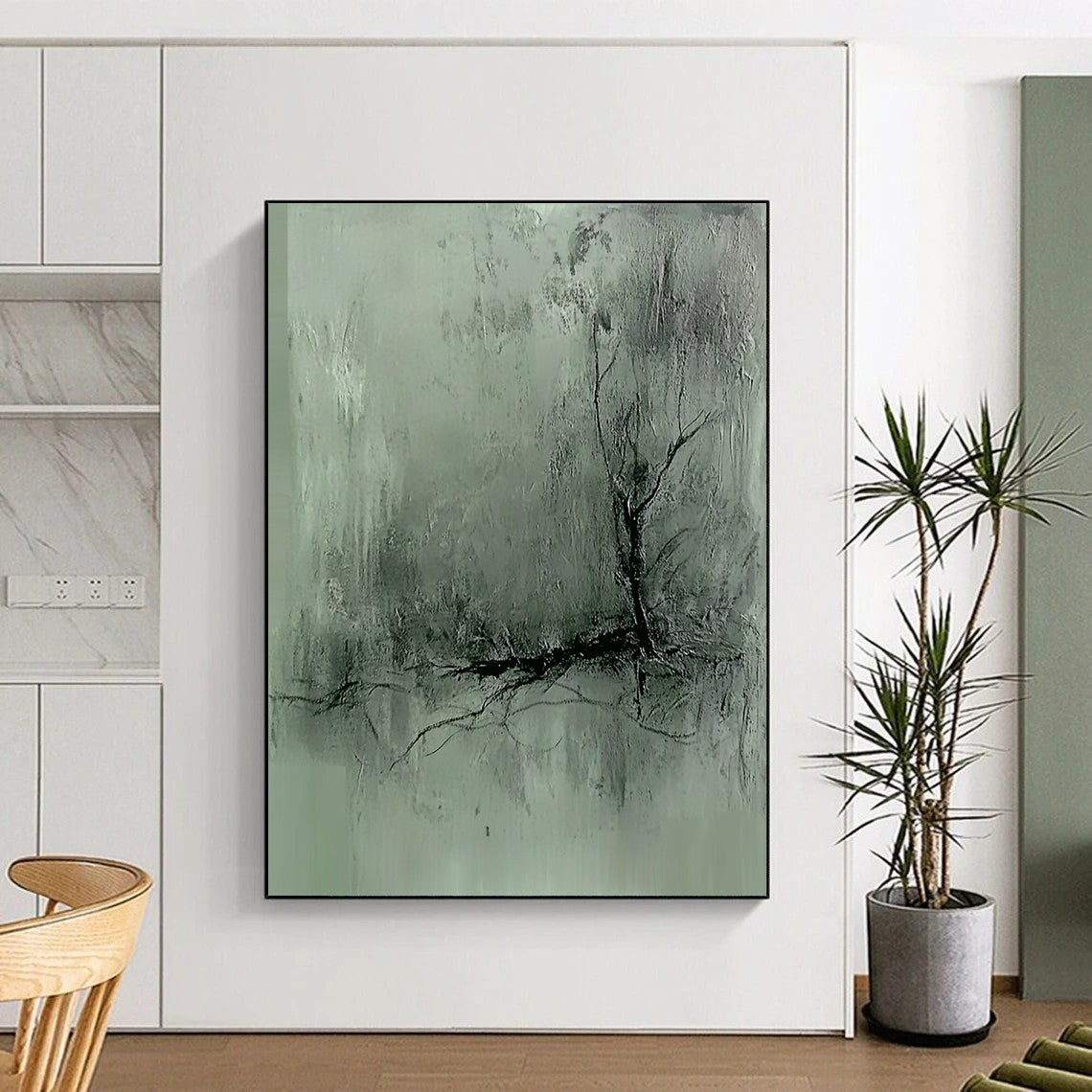 Contemporary hand-painted abstract art features a gray-green textured background with dark lines and a blurred silhouette, evoking a mysterious atmosphere with delicate brushwork. DLZ0504