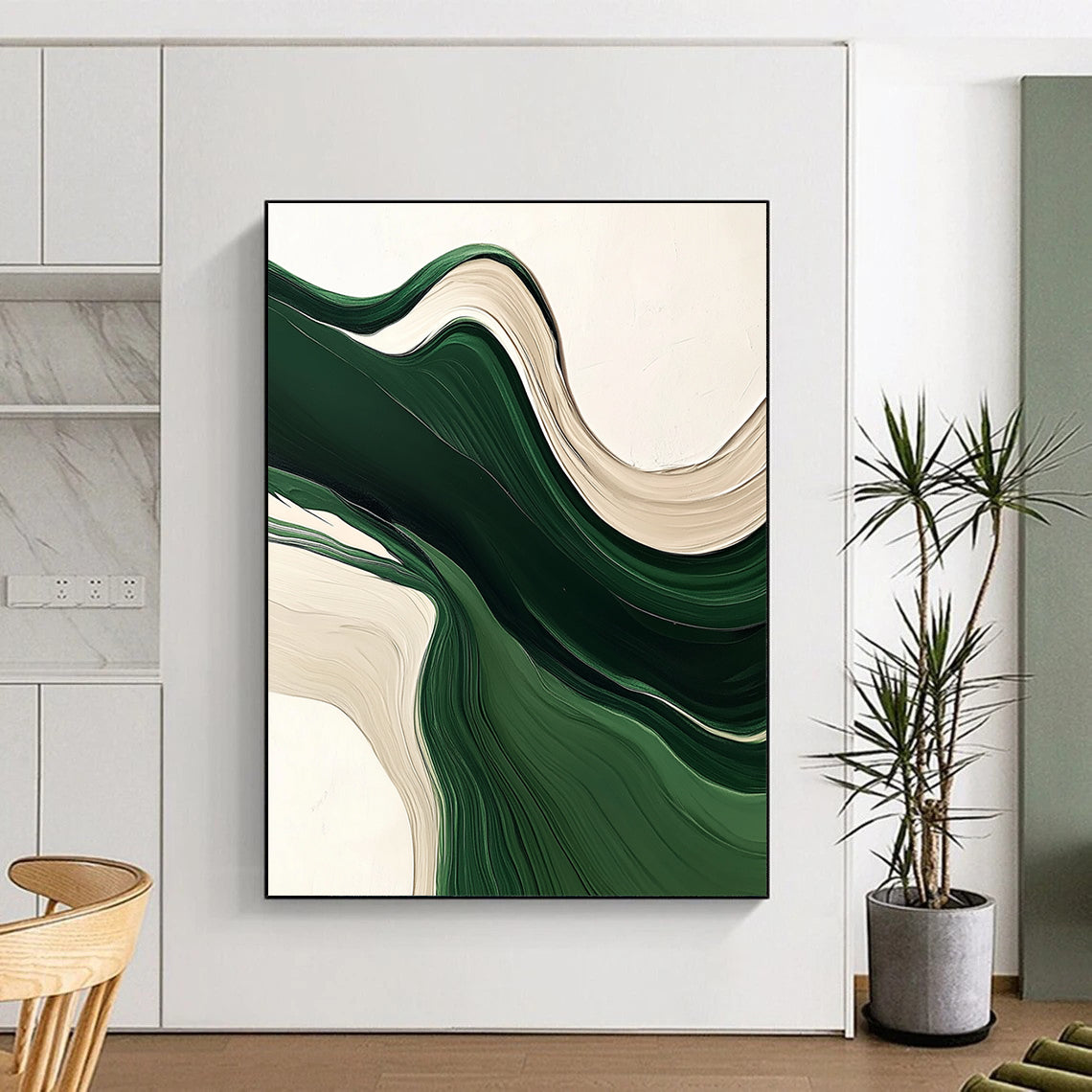 Contemporary hand-painted abstract artwork featuring fluid green and white lines, organic shapes, and layered textures on a neutral background. DLZ0622