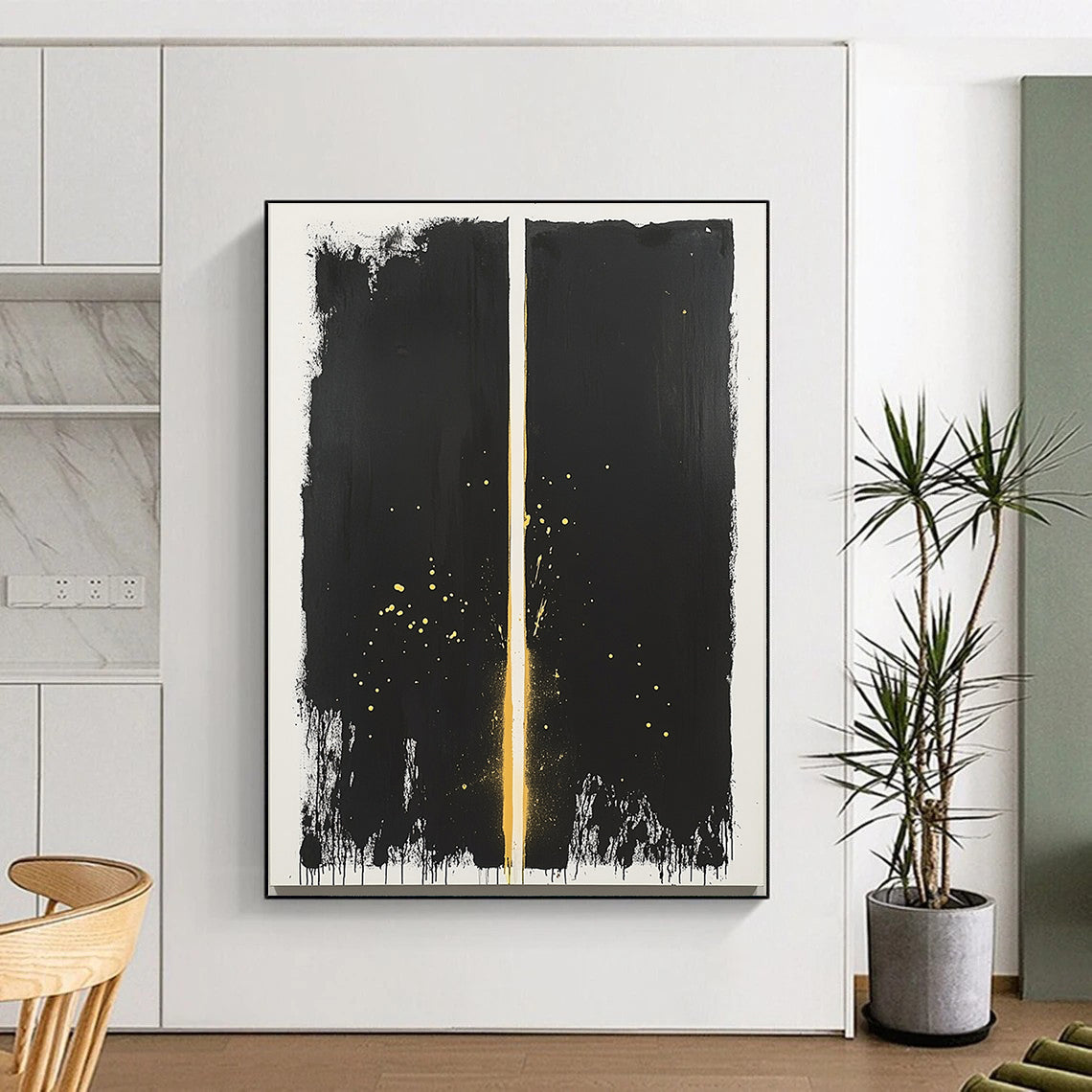 Black & Gold Vertical Split - “Stellar Curtain” Painting On Canvas HB195