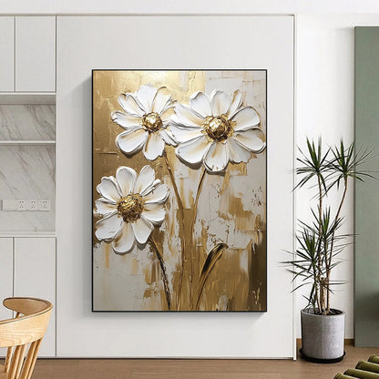 Contemporary hand-painted abstract art featuring white daisy flowers with gold accents on a textured background, perfect for modern decor. DLZ0820