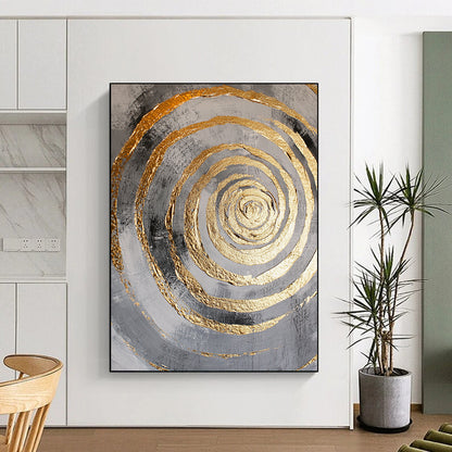 Black, Gray and Gold Concentric Circles with Drips "Dynamic Dripping Vortex" Painting On Canvas HB383