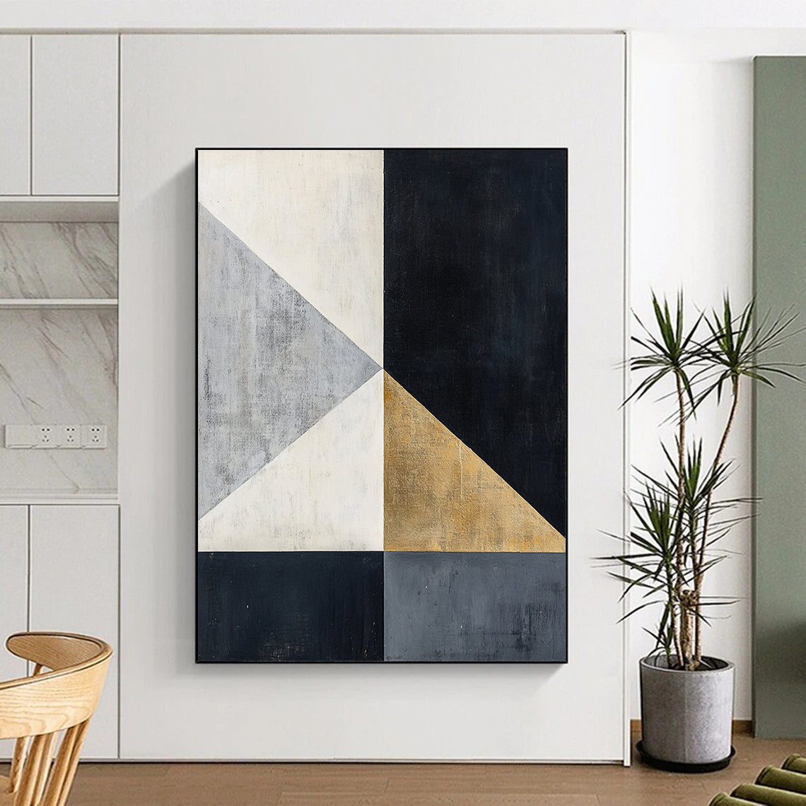 Black, White, Gray, Gold, Geometric Triangles "Gilded Triangles" Abstract Modernist Painting On Canvas HB118
