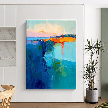 Contemporary abstract canvas showcases swirling teal and blue brushstrokes with a pastel sky and a striking red lighthouse embodying energy and tranquility. DLZ0363