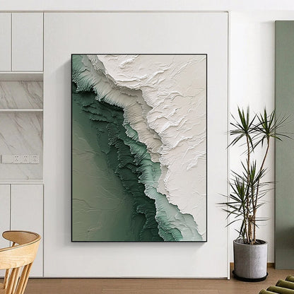 Contemporary hand-painted abstract art featuring intricate Antarctic ice textures with flowing icy streams in white green and gray tones. DLZ1180