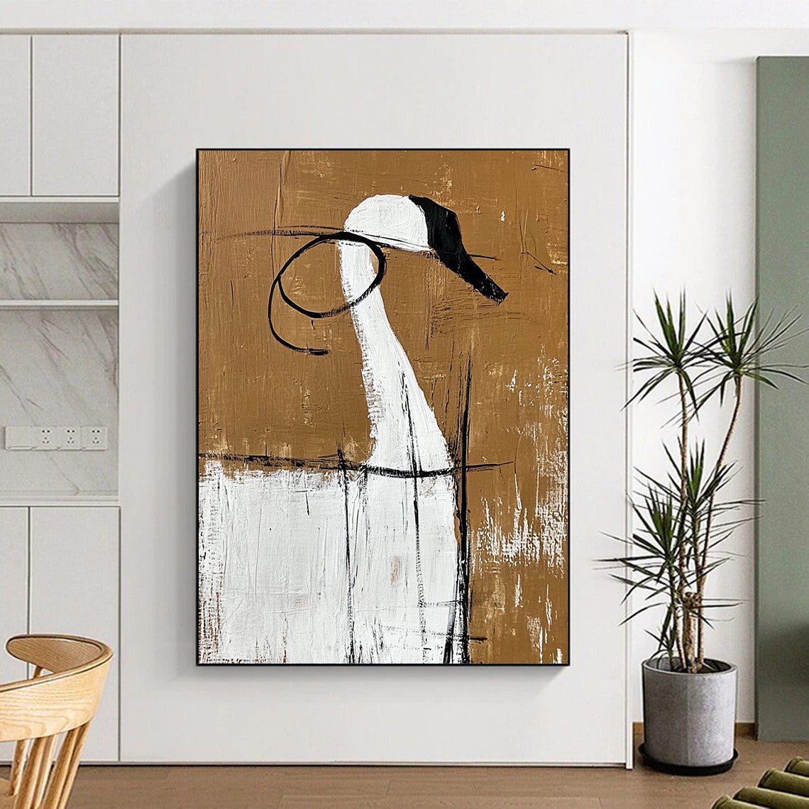 Contemporary hand-painted abstract art featuring large blank spaces bold shapes and contrasting colors inspired by minimalist Chinese aesthetics. DLZ0833