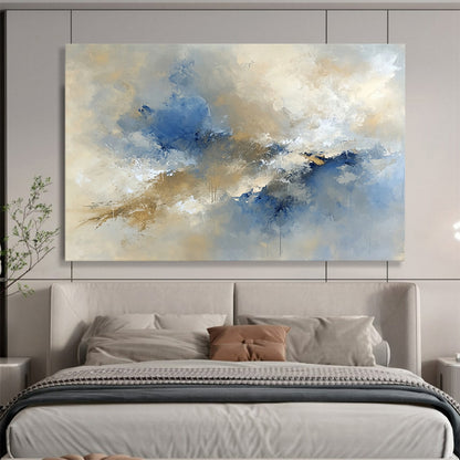 “Ethereal Blue - Beige Cloud Bursts” - Blue, Beige, White, Abstract Cloud - like Forms Painting On Canvas HB0978