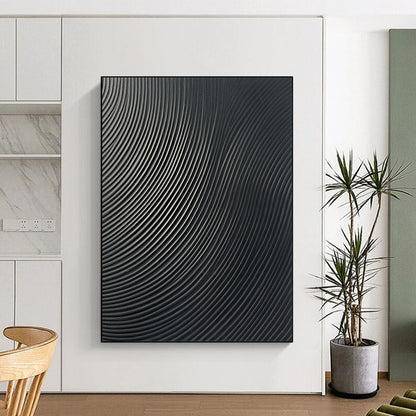 Contemporary abstract wall art features a glossy dark gray surface with sleek vertical lines creating an eye-catching wave pattern for any modern space. DLZ1149