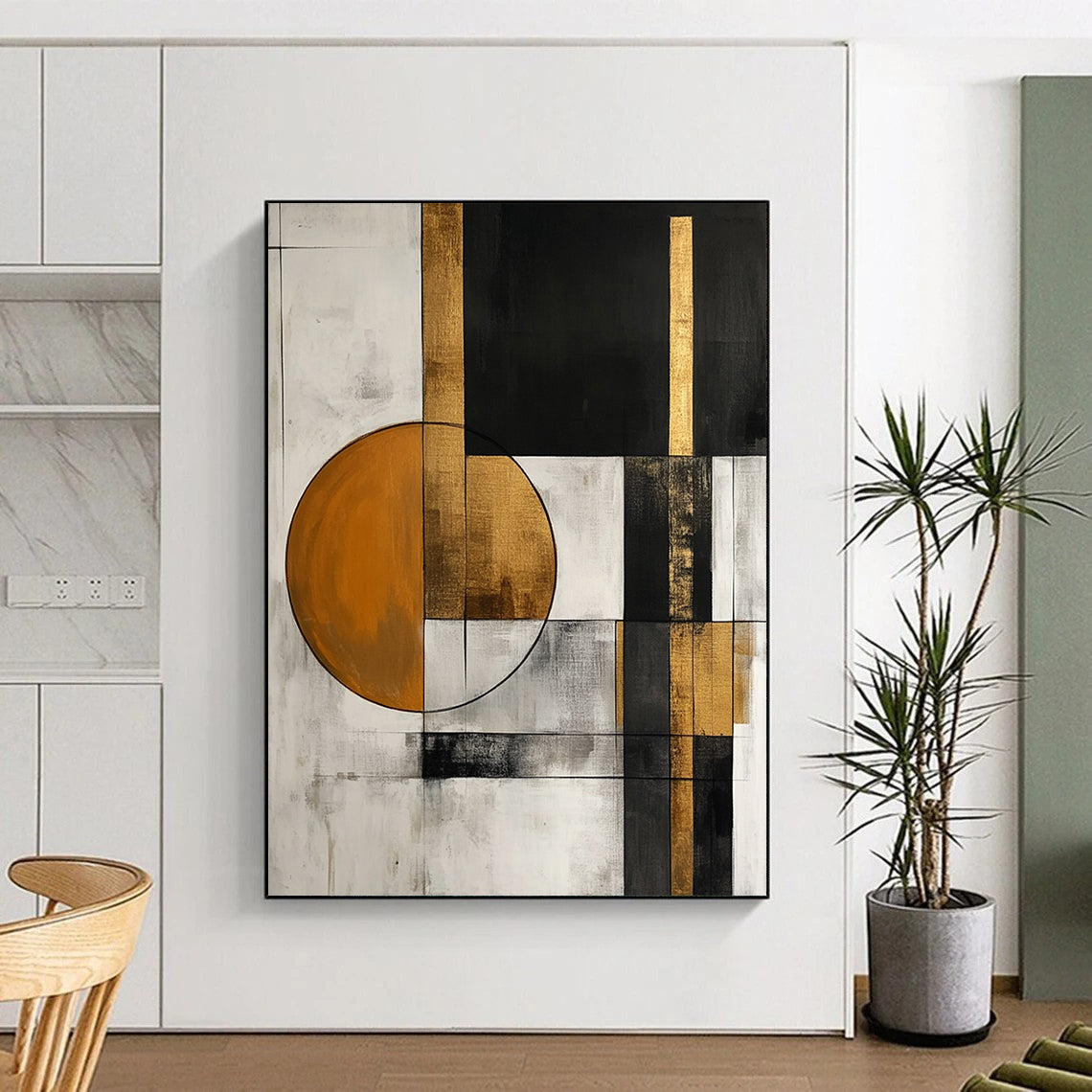 Contemporary abstract painting with white black gray and gold shapes featuring an orange circle and simple forms perfect for modern decor. DLZ0765