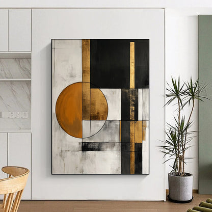 Contemporary abstract painting with white black gray and gold shapes featuring an orange circle and simple forms perfect for modern decor. DLZ0765