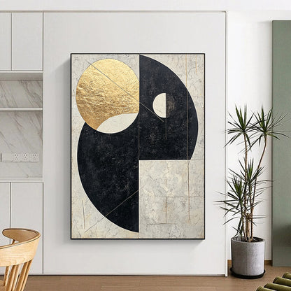 Black, White, Gray, Gold, Overlapping Circles "Gilded Orb Harmony" Abstract Modernist Painting On Canvas HB123