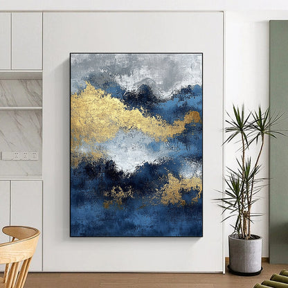 Contemporary abstract painting featuring blue and gold textures with ocean waves and dark silver clouds creating depth and mystery. DLZ0341