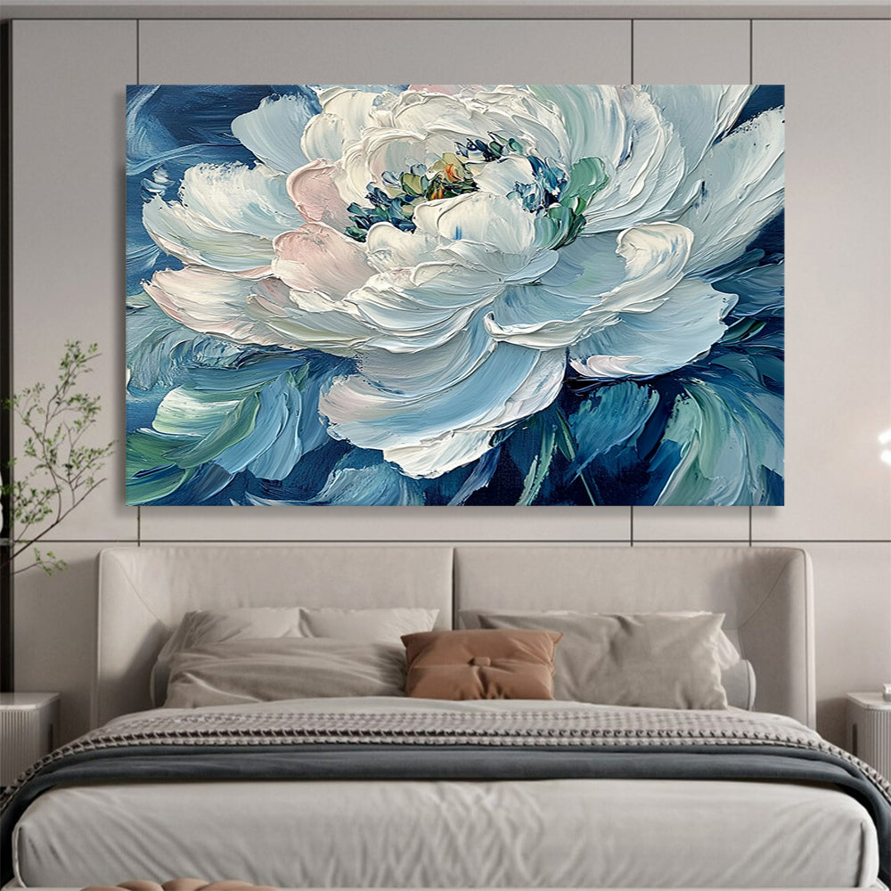 “Impasto White Peony on Blue” - White peony, blue background, thick brushstrokes, Impasto Floral Painting On Canvas HB0599