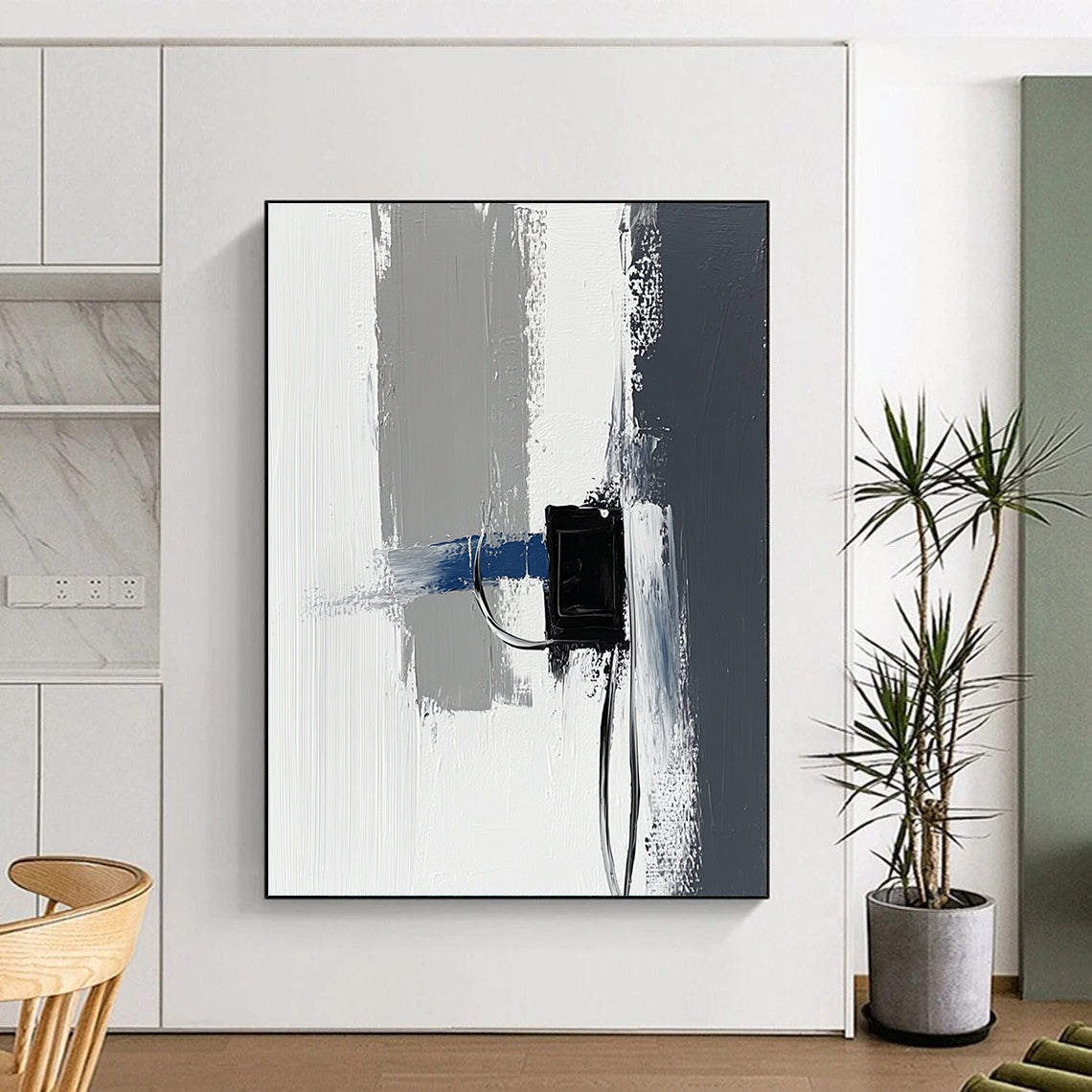 Contemporary abstract painting featuring impasto technique with thick gray and white strokes accented by blue details against a minimalist black power strip backdrop. DLZ1348