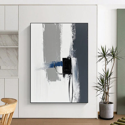 Contemporary abstract painting featuring impasto technique with thick gray and white strokes accented by blue details against a minimalist black power strip backdrop. DLZ1348