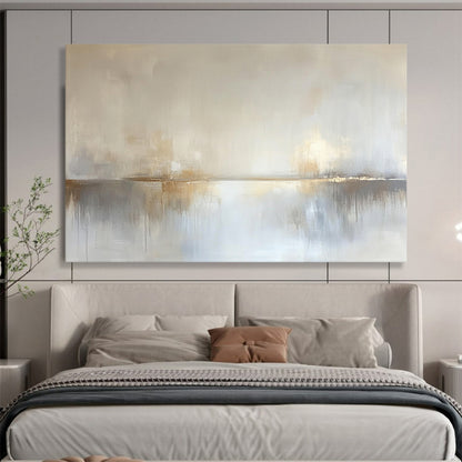 “Dreamy Horizon Reflection” - Pale beige, soft gray, white, Abstract Landscape Painting On Canvas HB0613
