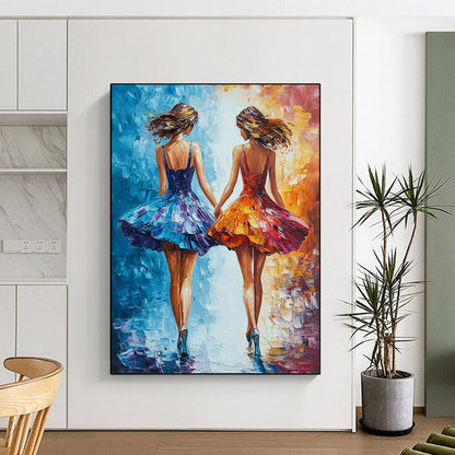 Vibrant contemporary abstract art featuring two friends in colorful dresses walking together creating a joyful and harmonious atmosphere. DLZ1717
