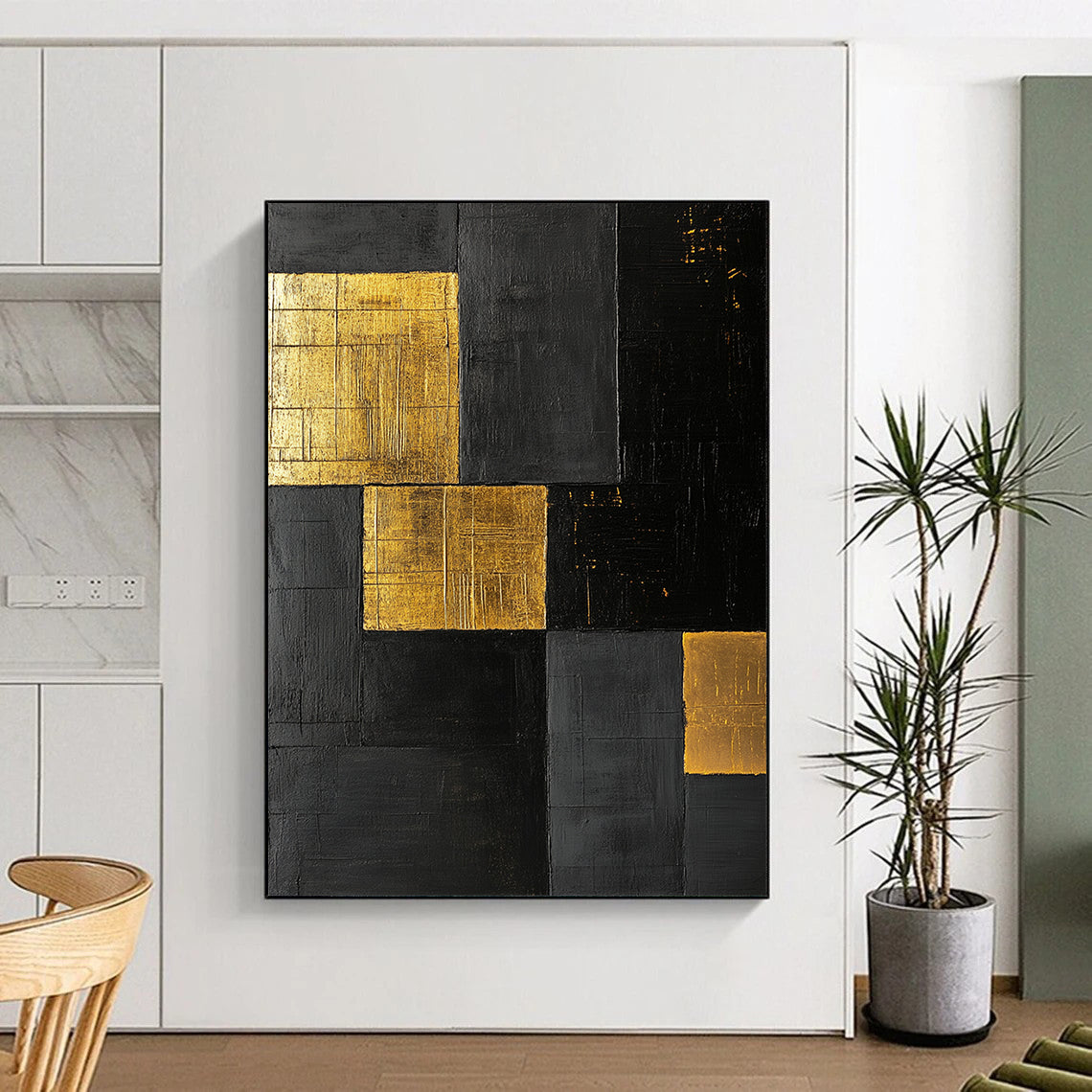 Black, Gold, Patchwork Squares "Gilded Night" Abstract Modernist Painting On Canvas HB155