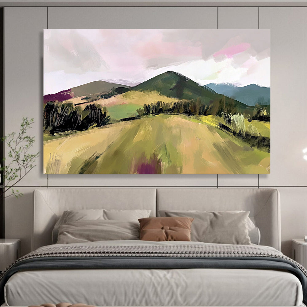 “Expressive Color - Blocked Hills” - Green, Pink, Purple, Abstracted Nature Scene - Gouache Painting HB1658