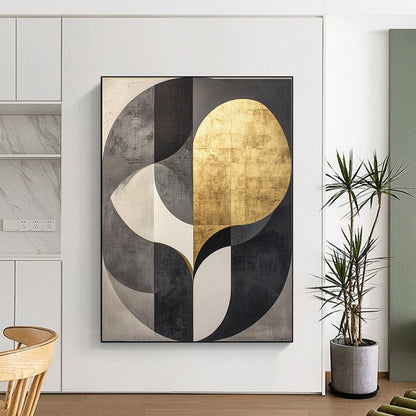 Black, Gray, White, Gold, Intertwined Circles "Gilded Unity" Abstract Cubist - Inspired Painting On Canvas HB117