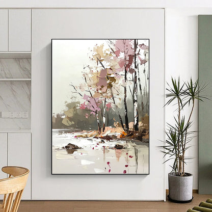 Contemporary abstract art features a soft palette knife technique with light pink and beige tones, showcasing trees by the river in a dreamy, blurred style. DLZ1113