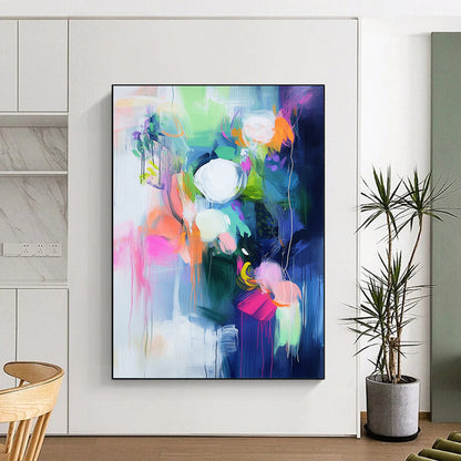 Large contemporary hand-painted abstract art with bright colors bold brushstrokes vibrant shapes and soft lighting creating emotional depth and atmosphere. DLZ1029
