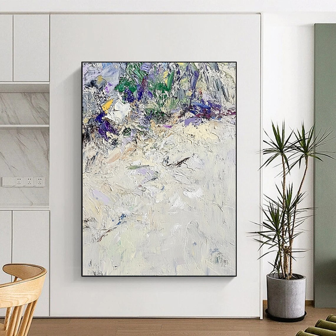 Large contemporary hand-painted abstract artwork featuring textured white sand with vibrant green and purple accents in the style of Claude Monet. DLZ0675