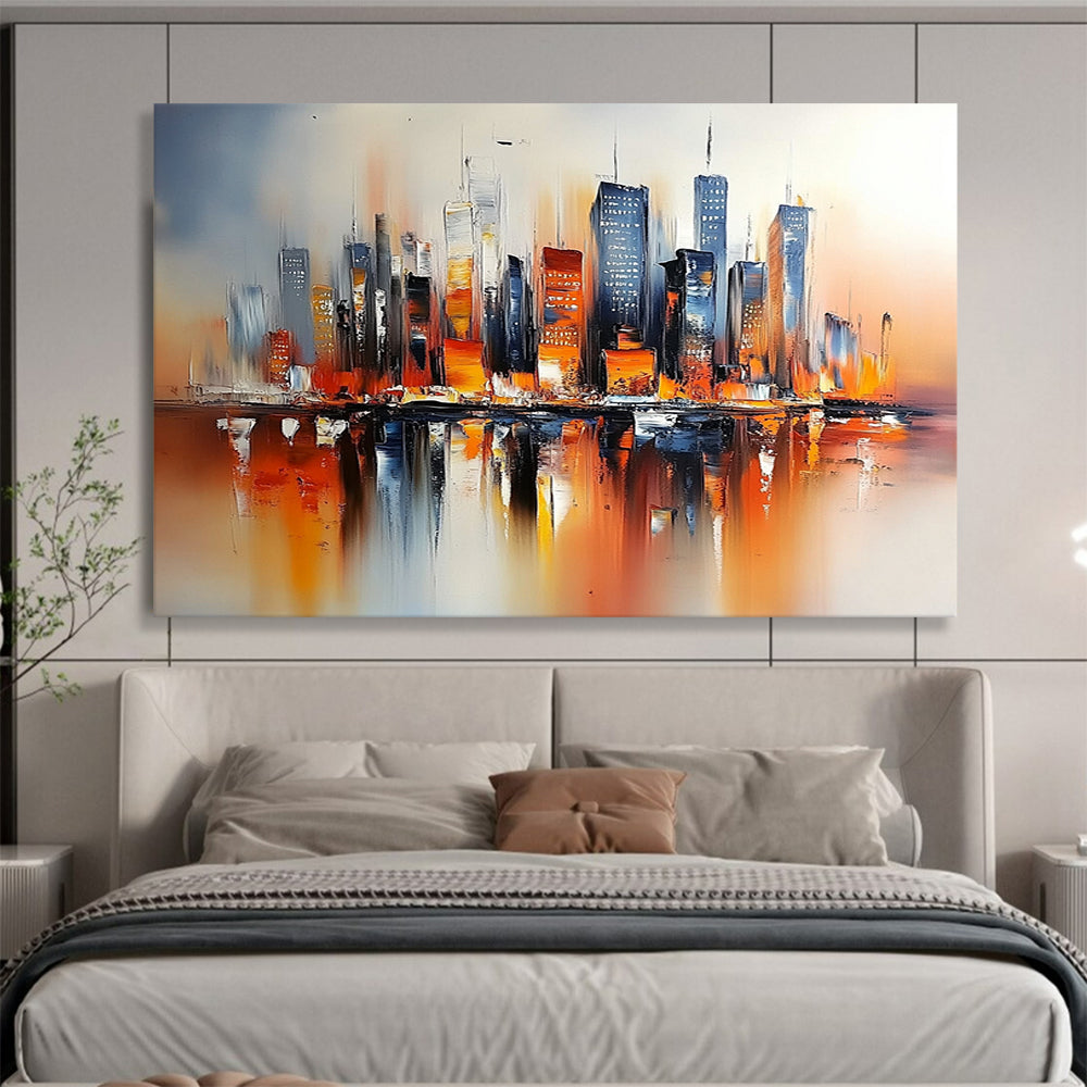 Colorful Cityscape with Reflections "Urban Glow" Painting On Canvas HB0664