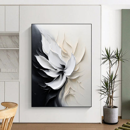 Contemporary abstract flower painting with smooth brushstrokes and monochrome palette evokes tranquility and elegance through delicate petal details and soft lighting. DLZ0828