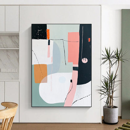 Contemporary hand-painted abstract art featuring shapes and lines in pink white grey green orange and black with a figure wearing headphones. DLZ0995