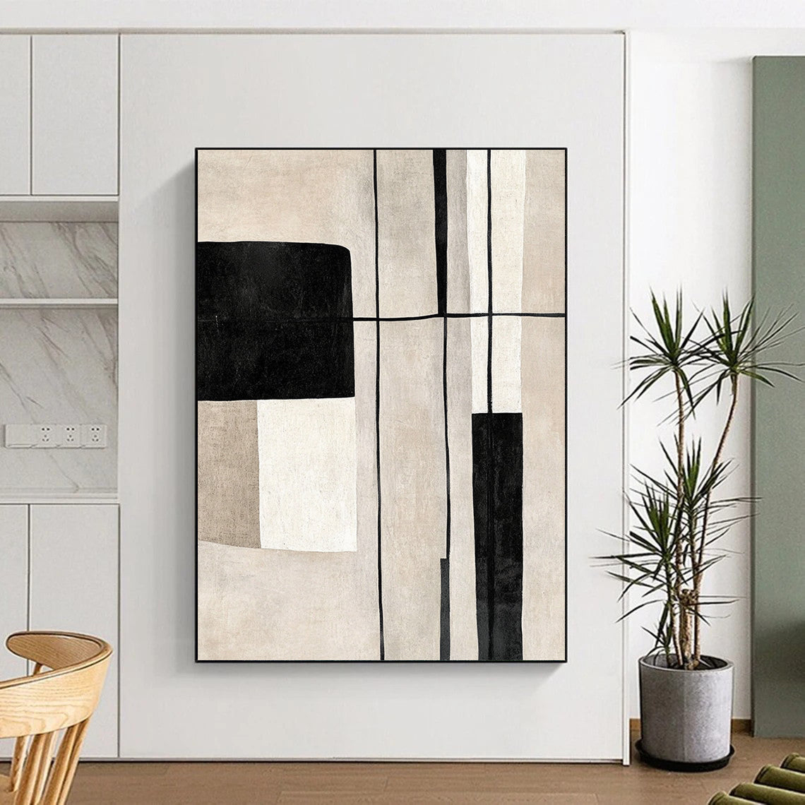 Contemporary hand-painted abstract art featuring geometric shapes in black and white on a soothing beige background with delicate lines. DLZ1322