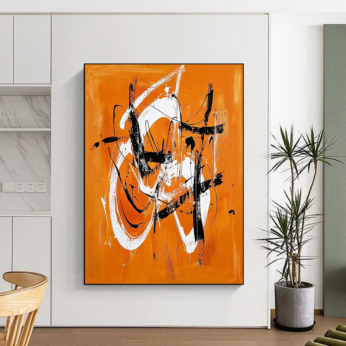 Contemporary hand-painted abstract artwork features vibrant orange and white shapes, dynamic lines, and energetic brushstrokes with striking black accents. DLZ0632