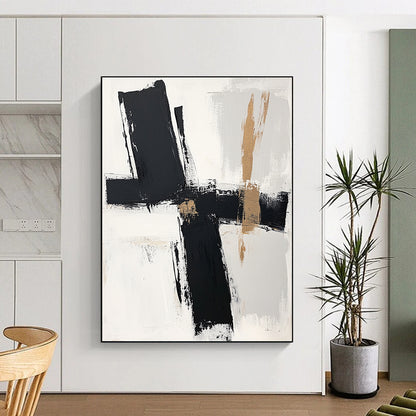 Black, White, Beige, Bold Brushstrokes "Minimalist Crossroads" Abstract Contemporary Painting On Canvas HB050