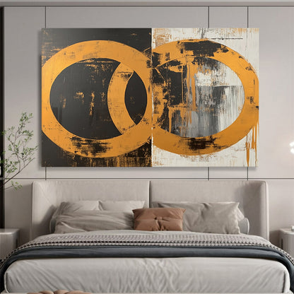 “Interlocking Gold Circles” - Gold, Black, White, Abstract Circles Painting On Canvas HB0785