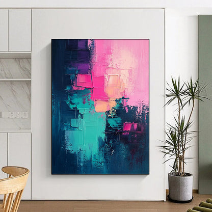 Contemporary large hand-painted abstract artwork featuring a vibrant color palette of pink teal and magenta for a striking visual impact. DLZ0703