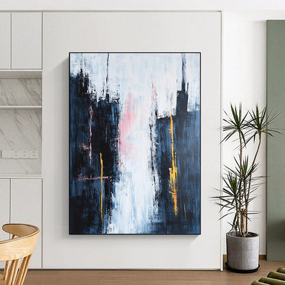 Contemporary hand-painted abstraction featuring dark blue spires against a white sky with pink clouds and vibrant yellow and orange accents in a minimalist style. DLZ0646