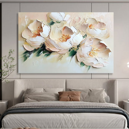 “Blush Peony Blooms” - Muted peaches, whites, greens; Thick - textured peony flowers; Impasto Floral Painting On Canvas HB1157