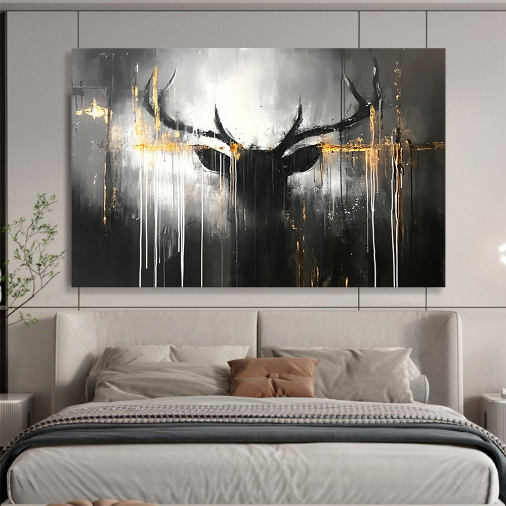 “Mystic Stag” - Dark grays, blacks, striking golds; Abstract stag head, dripping lines; Contemporary Animal Painting On Canvas HB1152