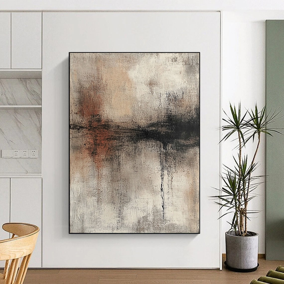 Contemporary hand-painted abstract artwork with a textured surface in neutral colors and muted tones showcasing a distressed look. DLZ0721