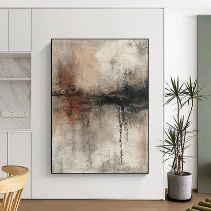 Contemporary hand-painted abstract artwork with a textured surface in neutral colors and muted tones showcasing a distressed look. DLZ0721