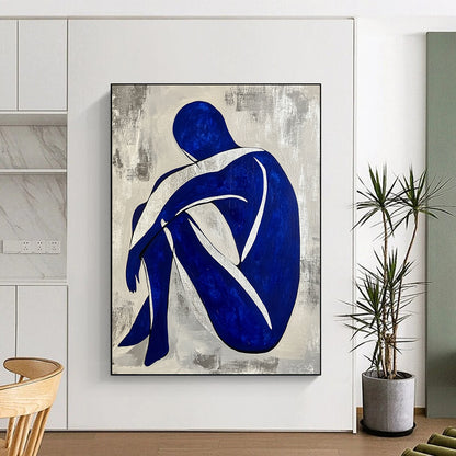 Contemporary hand-painted abstract artwork featuring a seated blue and white figure with a grey background and silver lines. DLZ0586
