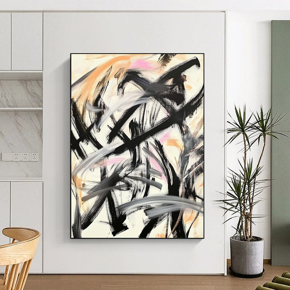 Contemporary hand-painted abstract art featuring Chinese calligraphy black brush strokes with gold and pink accents for a dynamic expression. DLZ1563