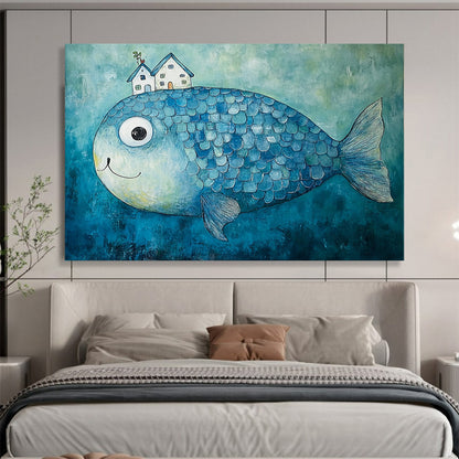 “House - Topped Blue Fish” - Blue fish, white houses, Whimsical Painting On Canvas HB0576