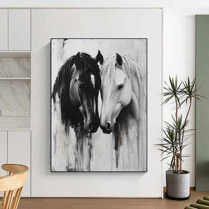 Contemporary abstract art captures two horses in a tender gaze, their connection conveyed through soft brushstrokes and intricate textures, emphasizing emotional bonds. DLZ1146