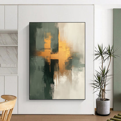 Contemporary hand-painted abstract artwork featuring neutral tones with sage green and gold accents, exuding a soft and gentle aesthetic on textured canvas. DLZ0555