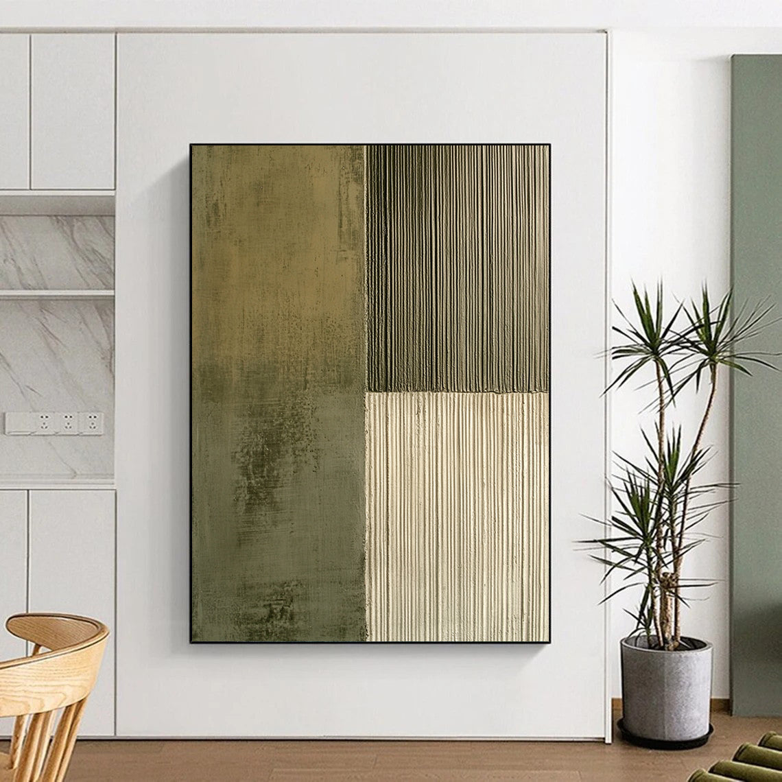 Contemporary hand-painted abstract artwork featuring contrasting smooth concrete and textured olive green lines, enhancing visual depth and intrigue. DLZ1490