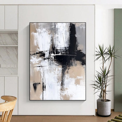 Contemporary hand-painted abstract art featuring bold brush strokes in neutral tones and striking paint splashes for a modern aesthetic. DLZ0306