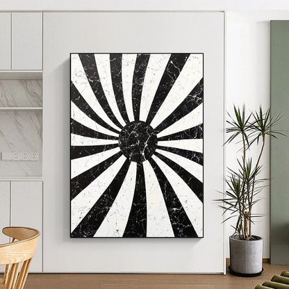 Black, White, Radial Stripes "Marbled Sunburst Radials" Abstract Geometric Painting On Canvas HB178