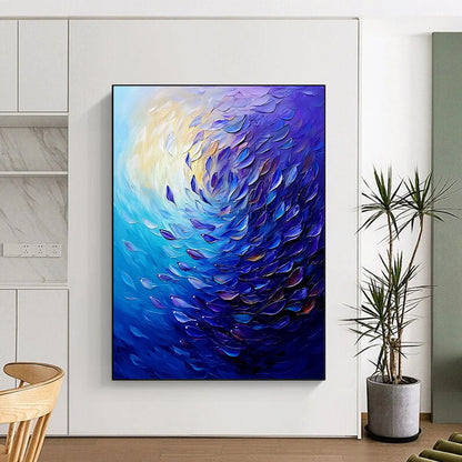 Contemporary abstract painting showcases swirling ocean colors with vibrant purple and blue fish, creating dynamic movement and deep atmospheric perspective. DLZ1096