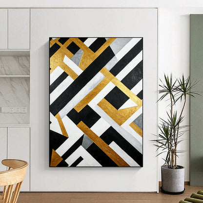 Black, White, Gold, Gray, Interlocking Shapes "Golden Grid" Abstract Modernist Painting On Canvas HB110