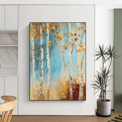 Contemporary abstract painting featuring a tranquil birch forest with autumn hues in soft blues and golds, adding warmth to your space. DLZ1456